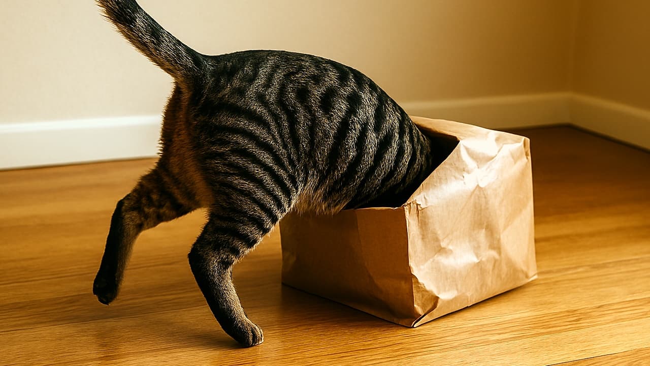 A mackerel tabby cat diving headfirst into a crumpled brown paper bag, hind legs splayed and tail raised, horizontal composition, warm natural light on honey-toned floor.