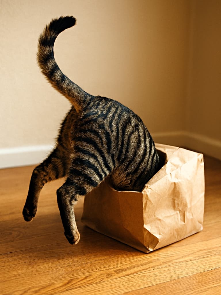 A mackerel tabby cat diving headfirst into a brown paper bag, with hind legs and striped tail sticking out, vertical composition, natural warm light on hardwood floor.
