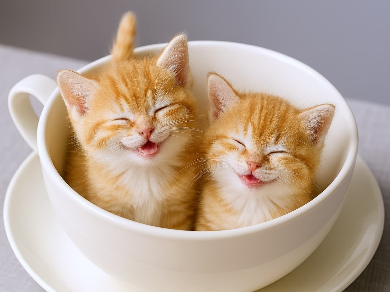 白いティーカップに入った茶白のちび子猫が二匹、目を細めて穏やかな笑顔を浮かべている。安心しきった仕草で寄り添い、静かな幸福感が漂っている