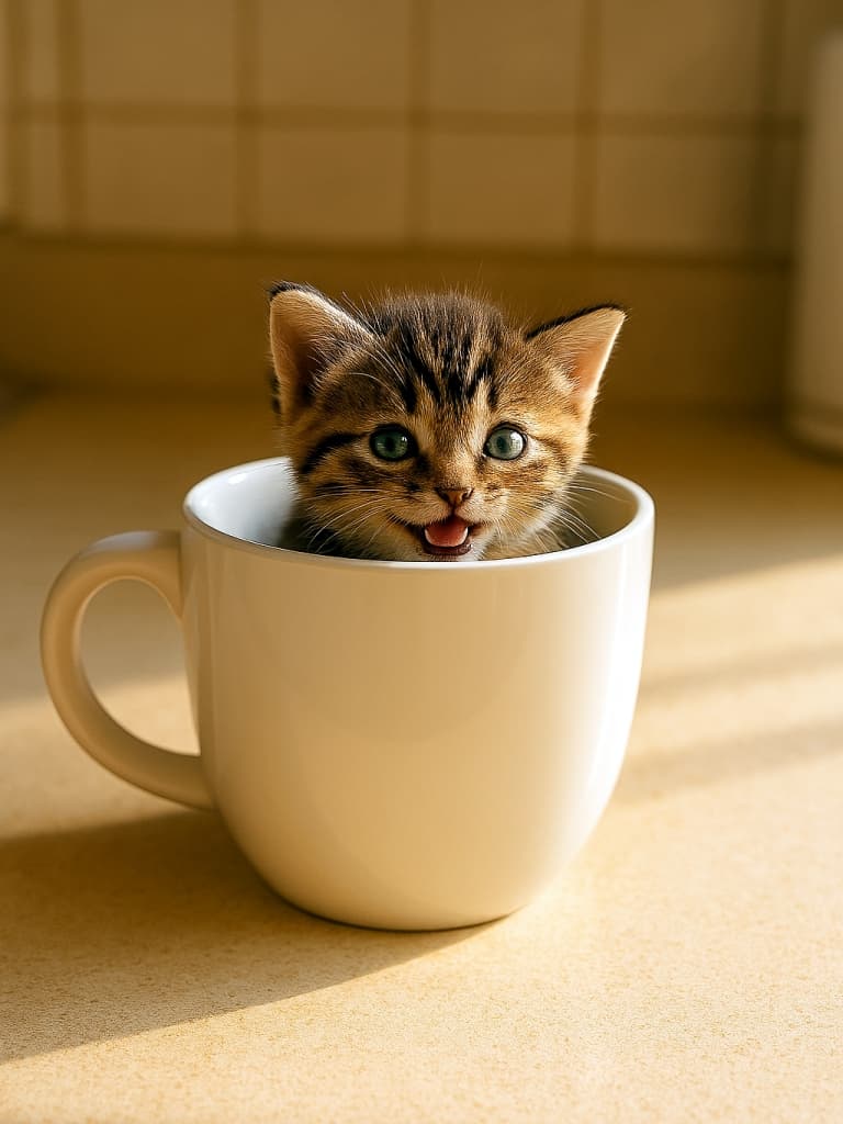 白いマグカップにすっぽり収まった小さな茶トラ子猫が、朝の光に包まれながら笑顔を見せている。キッチンのベージュのカウンターとタイル壁が背景にあり、子猫の明るい表情と柔らかな毛並みが際立っている