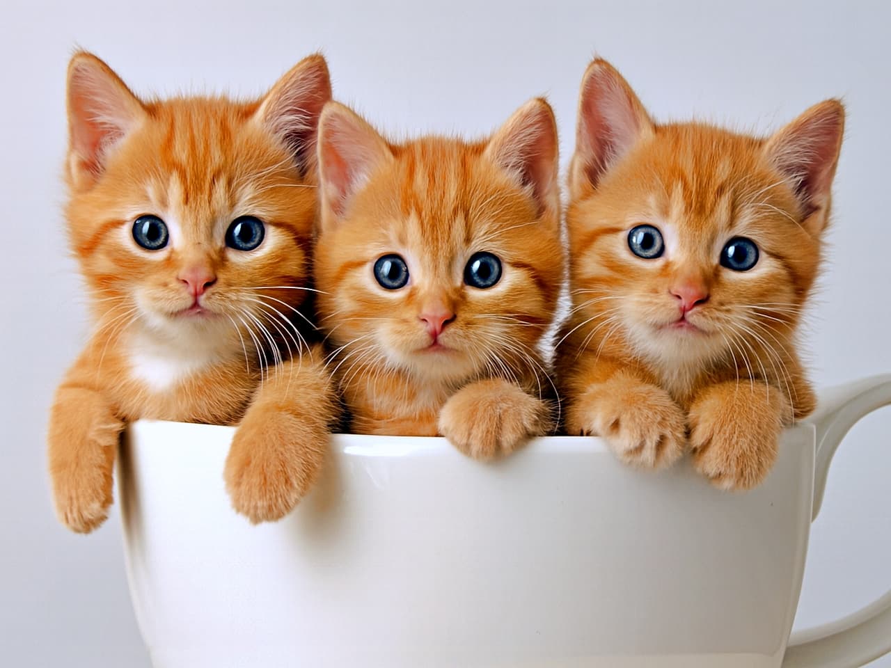 白いマグカップに並んで入った３匹のトラ猫。前足を縁にかけながら、まっすぐこちらを見つめる表情が愛らしく、背景の柔らかな色味が温かみを添えている