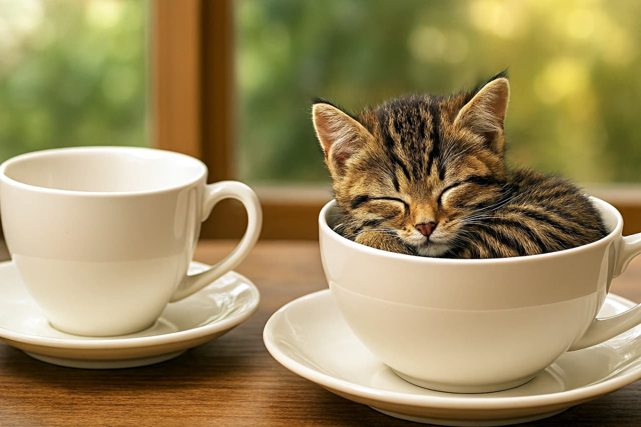 白い陶器のティーカップで丸く眠る茶トラ子猫。その隣に同じ形の空のカップが置かれ、もう一匹来るかもしれないという遊び心を感じさせる。木目のテーブルと窓辺の柔らかな自然光が、温かく穏やかな雰囲気を演出している。A tabby kitten curled up asleep in a white ceramic teacup, with an identical empty cup beside it, suggesting another kitten might join. Warm natural light streams in over a wooden table, with a softly blurred green window view in the background.
