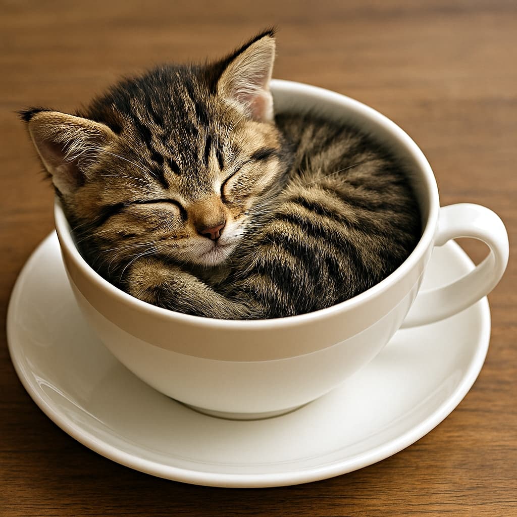 白い陶器のティーカップの中で丸くなって眠る、ふわふわの茶トラ子猫。柔らかな自然光が毛並みを際立たせ、木目のテーブルの上で穏やかな雰囲気を醸し出している。A fluffy tabby kitten curled up asleep inside a white ceramic teacup, bathed in soft natural light, resting on a wooden table with a warm, serene atmosphere.
