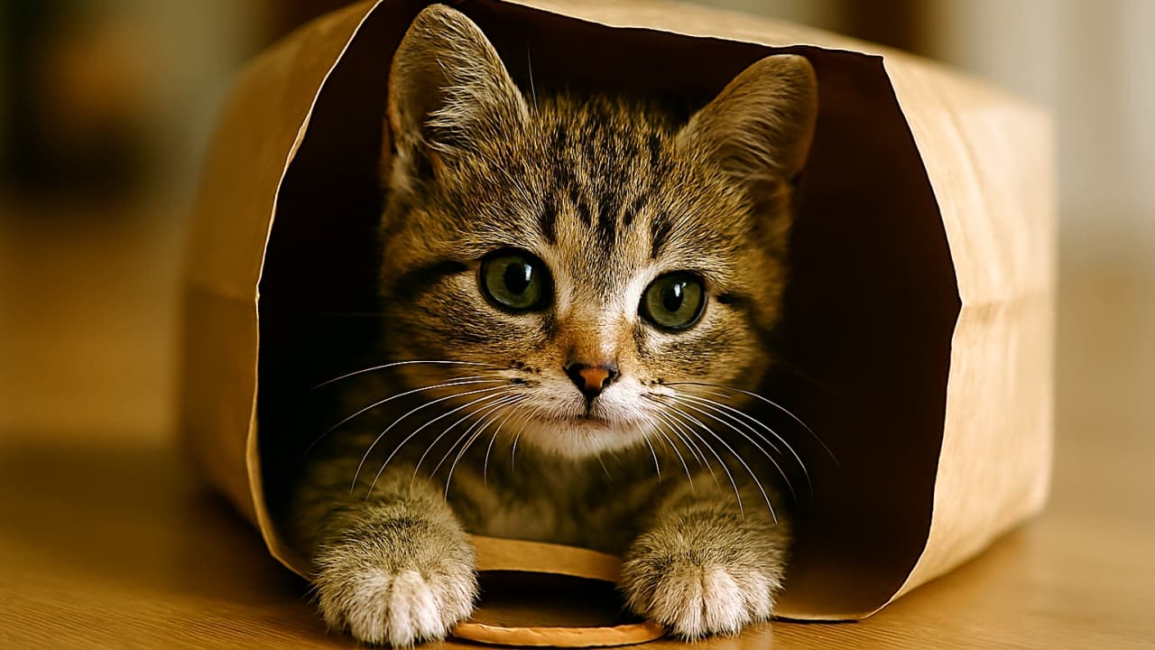 紙袋の口から両前足を突き出し、縁をしっかり掴んで外をのぞく子猫。最初の写真に近い顔立ちで、横長構図、柔らかな室内光