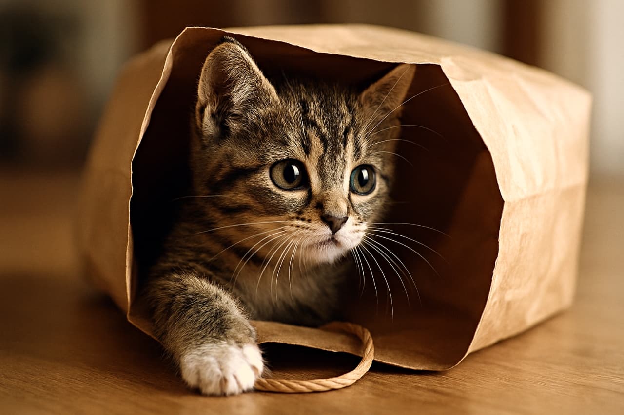 紙袋の口から前足を突き出し、縁を掴んで外をのぞく子猫。柔らかな室内光に包まれたリアルな横長写真
