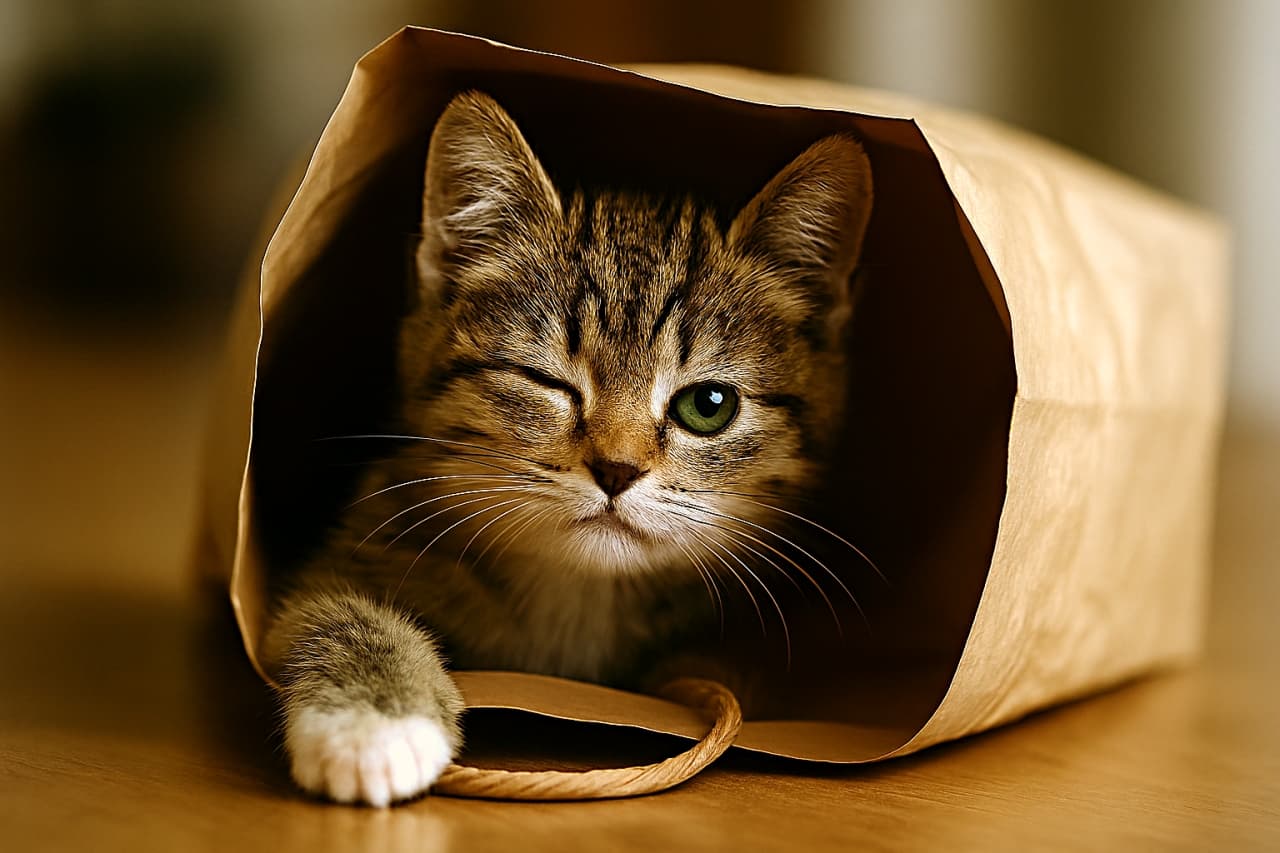 紙袋の中から顔を出し、片目をウインクして外を見つめる子猫。前足を縁にかけた縦長構図、柔らかな光
