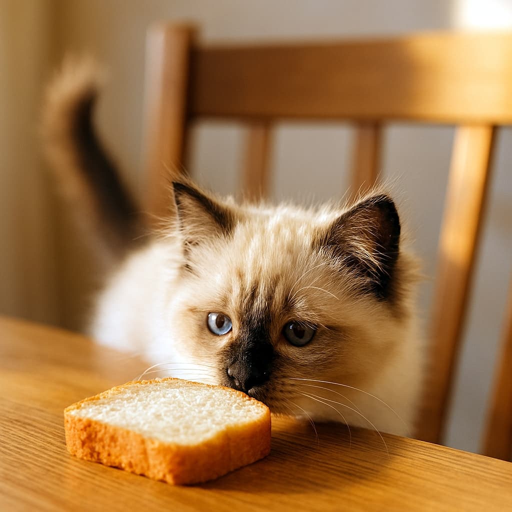A fluffy cream-and-brown Ragdoll kitten peers over a wooden dining table at a slice of golden bread, its pink nose almost touching the crust, bathed in warm morning light.