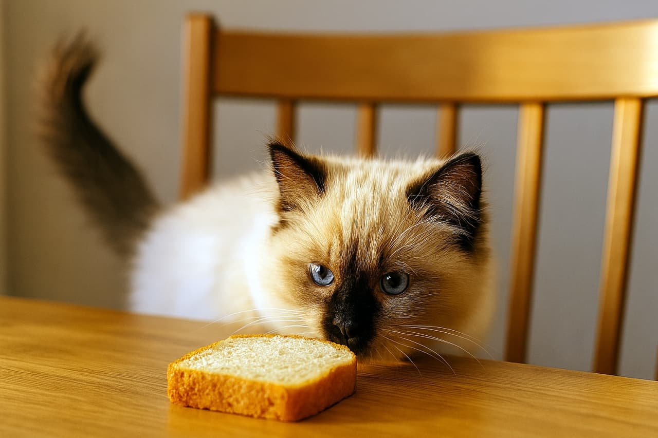 “テーブルの向こう、パンの香りに誘われて。”　横長の写真。ラグドールの子猫が木製のダイニングテーブルの端からパンを見つめている。鼻がパンに近づいており、背景には木の椅子と柔らかな朝の光が差し込んでいる