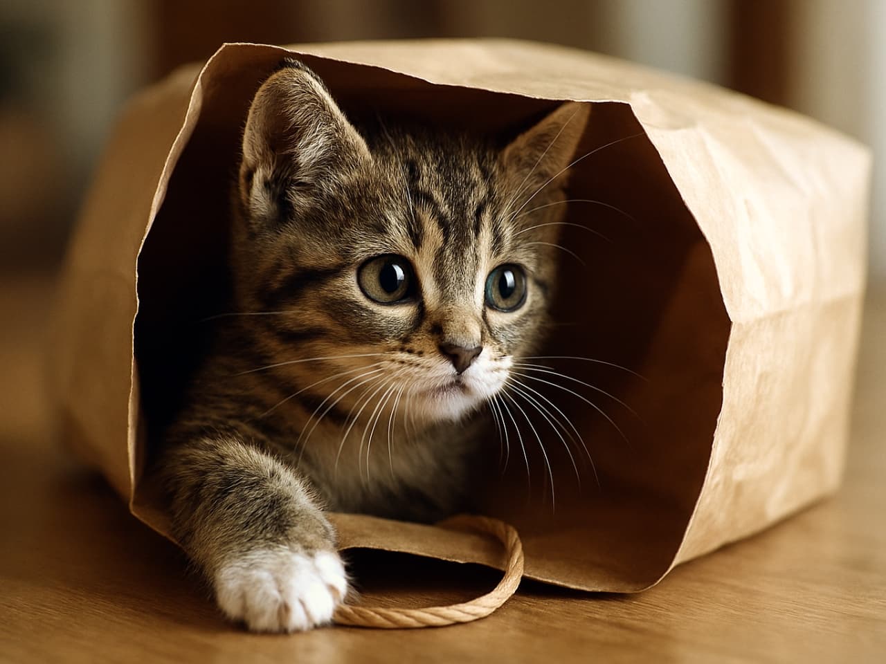 紙袋の中から顔を出し、前足を外に伸ばしている縞模様の子猫。大きな瞳が印象的で、背景は柔らかくぼかされており、子猫と袋の質感が際立っている