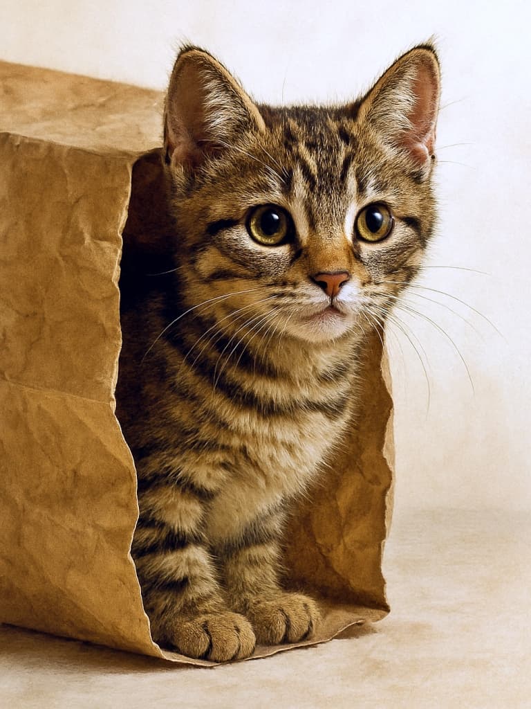 茶色の紙袋の中から顔を覗かせる縞模様の子猫。前足を袋の縁に乗せ、好奇心いっぱいの表情で周囲を見つめている。背景は淡いベージュで、子猫と紙袋の質感が際立つ