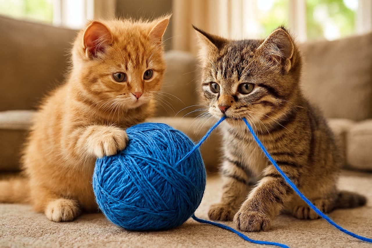 ふわふわの毛並みを持つ茶トラ 子猫とキジトラ子猫が、陽だまりのリビングで大きな青い毛糸玉にじゃれ合っている。片方は前足で毛糸玉を押さえ、もう片方は口で糸を引っ張る。毛並みの質感と自然光が柔らかく描かれたフォトリアルな8K写真
