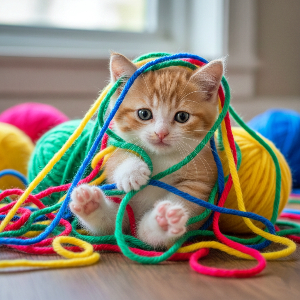 A small orange-and-white Munchkin kitten with short legs sits on a wooden floor, playfully tangled in colorful yarn strands of green, blue, yellow, red, and pink. Several yarn balls surround the kitten. A softly lit window and neutral wall in the background suggest a cozy indoor setting. オレンジと白の毛色のマンチカン子猫（短足）が木の床に座り、緑・青・黄・赤・ピンクの色糸に遊びながら絡まっている。周囲には複数の毛糸玉が散らばり、柔らかな光が差す窓と落ち着いた色の壁が室内の温かい雰囲気を伝えている
