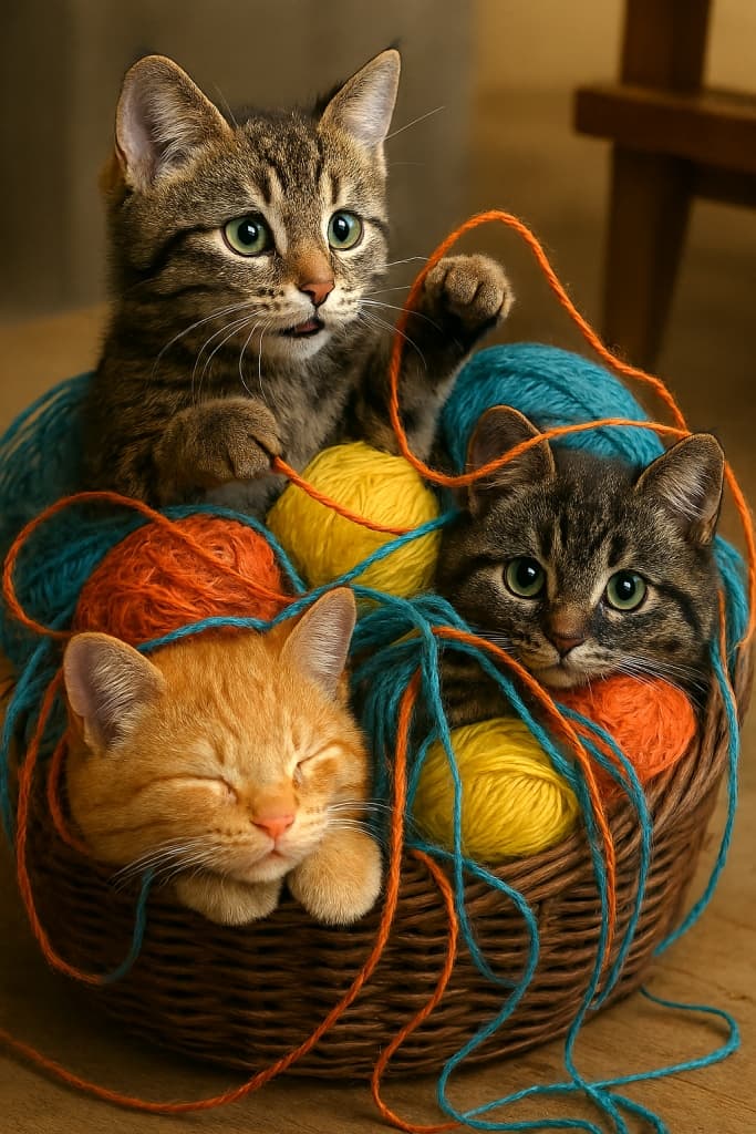 （Paradise of Yarn – Three Kittens in a Cozy Afternoon Basket）丸い編みかごの中で、3匹の子猫がカラフルな毛糸玉と遊んでいる。1匹はオレンジ色の毛糸を前足でつかみ、1匹は毛糸に埋もれてこちらを見つめ、もう1匹は目を閉じて眠っている。暖かな光が毛並みと毛糸をやさしく照らしている