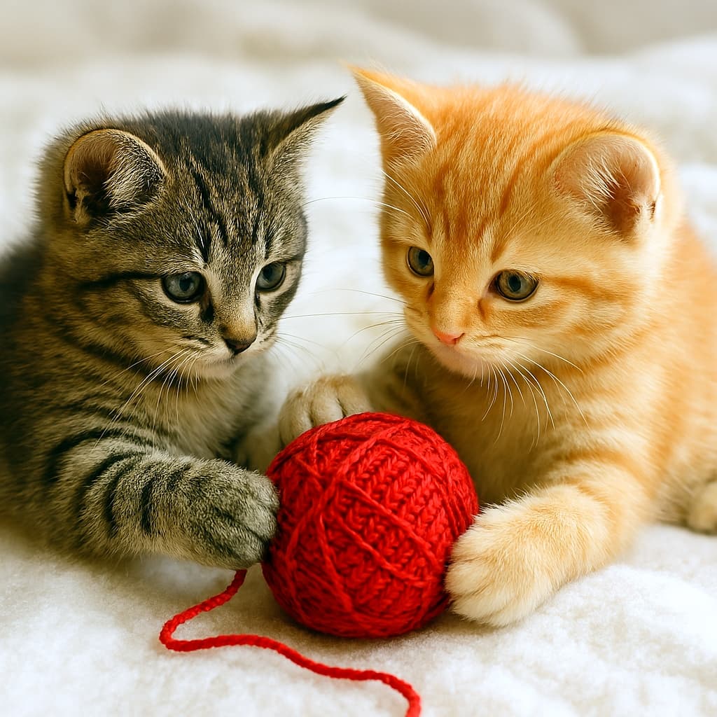 白いブランケットの上で、キジトラとオレンジタビーの子猫が赤い毛糸玉を前足で押さえながら遊んでいる様子。毛糸の鮮やかな赤が、子猫たちのやわらかな毛色と背景の白に映えている