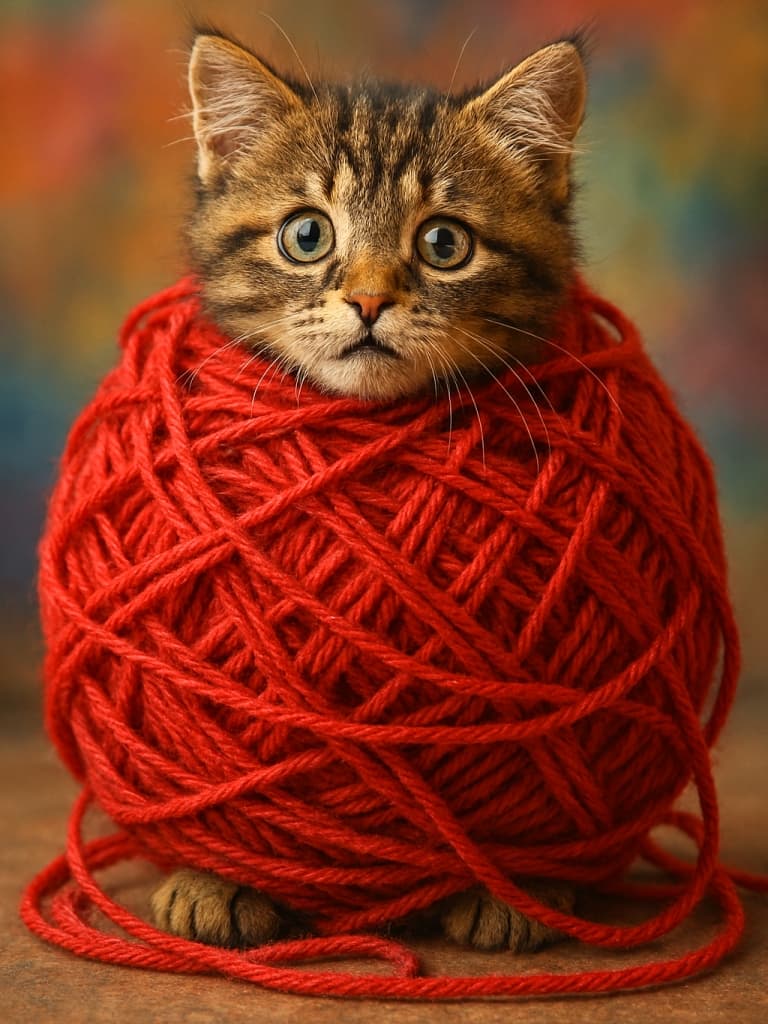 赤い毛糸玉に全身を絡め取られたふわふわの子猫が、頭だけを出して大きな瞳で見上げている。背景は暖色から寒色へとグラデーションするカラフルなぼかし。毛糸の質感と子猫の柔らかな毛並みが細部まで写実的に描かれている