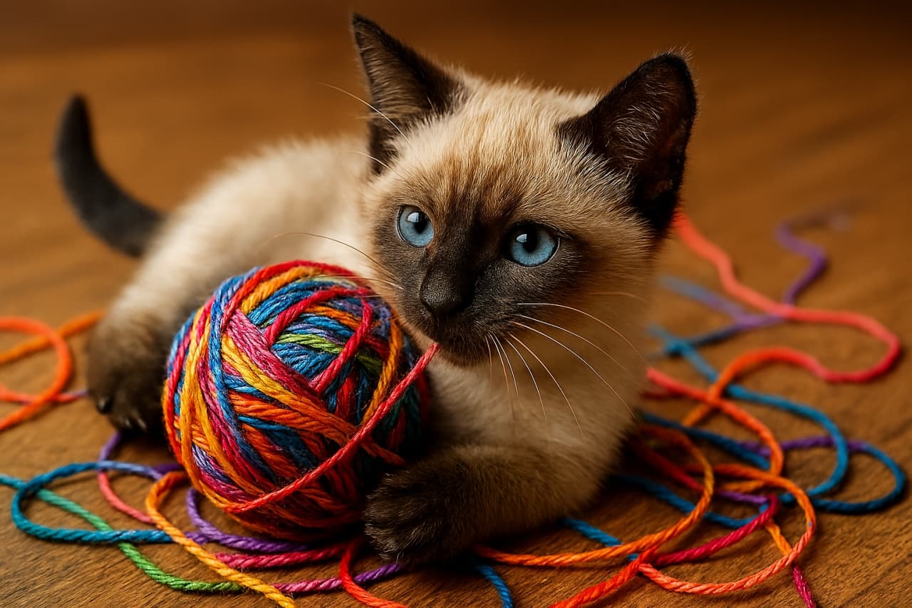 （Colorful Yarn Mission – Siamese Kitten in Hunter Mode on Wooden Floor）木の床でカラフルな毛糸玉に前足をかけ、夢中で遊ぶシャム子猫。毛糸は口に入れず、ブルーの瞳で真剣に見つめている