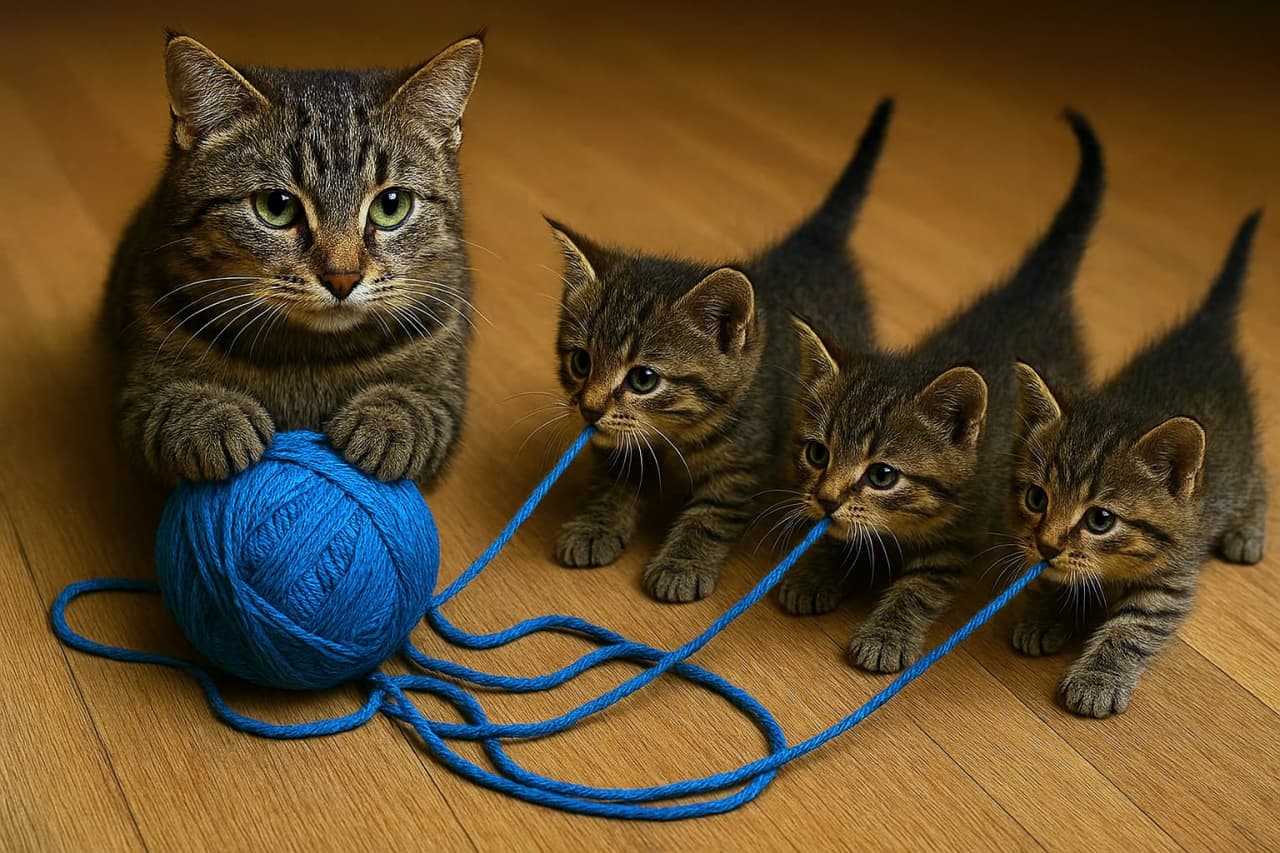 木の床の上で、青い毛糸玉を押さえる親猫と、３匹の子猫がそれぞれ糸をくわえて遊んでいる様子。全員が茶トラ模様で、毛並みが柔らかく光を受けて輝いている。温かく家庭的な雰囲気の猫の親子の遊びシーン