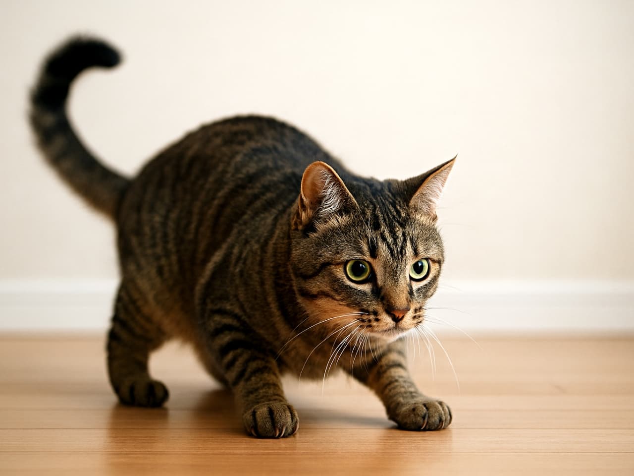 「遊びたい気持ちと、獲物を狙う本能が同時にスイッチオンになった瞬間」前傾姿勢で床に低く構え、尻尾を小刻みに左右に振るキジトラ猫。耳を前に向け、瞳を大きく見開き、今にも飛びかかりそうな緊張感を漂わせている
