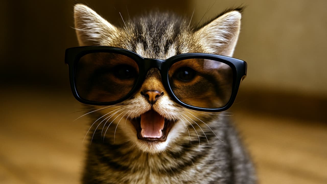 黒いサングラスをかけて木製デッキに座る、口を開けた茶トラ柄の子猫（横長構図）