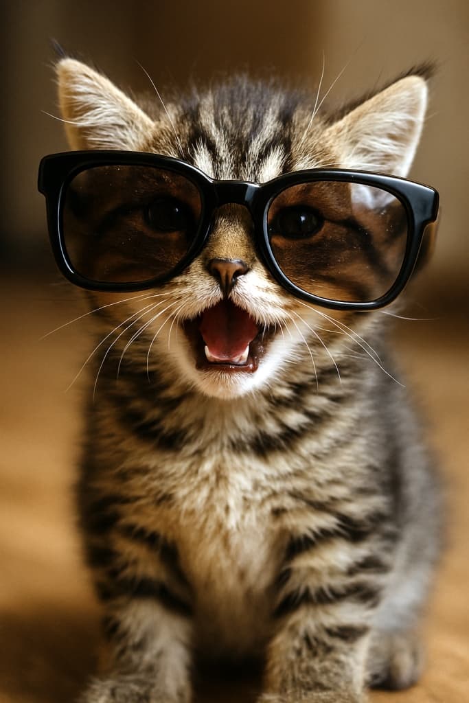 黒いサングラスをかけて木製デッキに座る、口を開けた茶トラ柄の子猫
