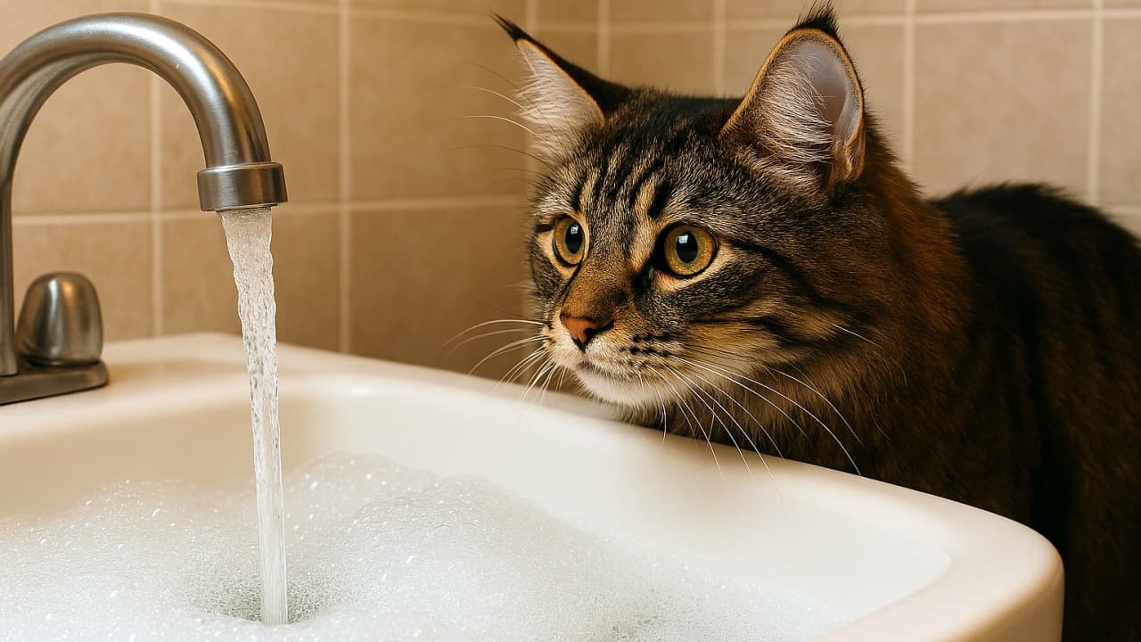 泡でいっぱいの白いシンクに流れ込む蛇口の水を、黄金色の瞳で不思議そうに見つめるメインクーン。ふさふさの毛並みと大きな耳の房毛が特徴的