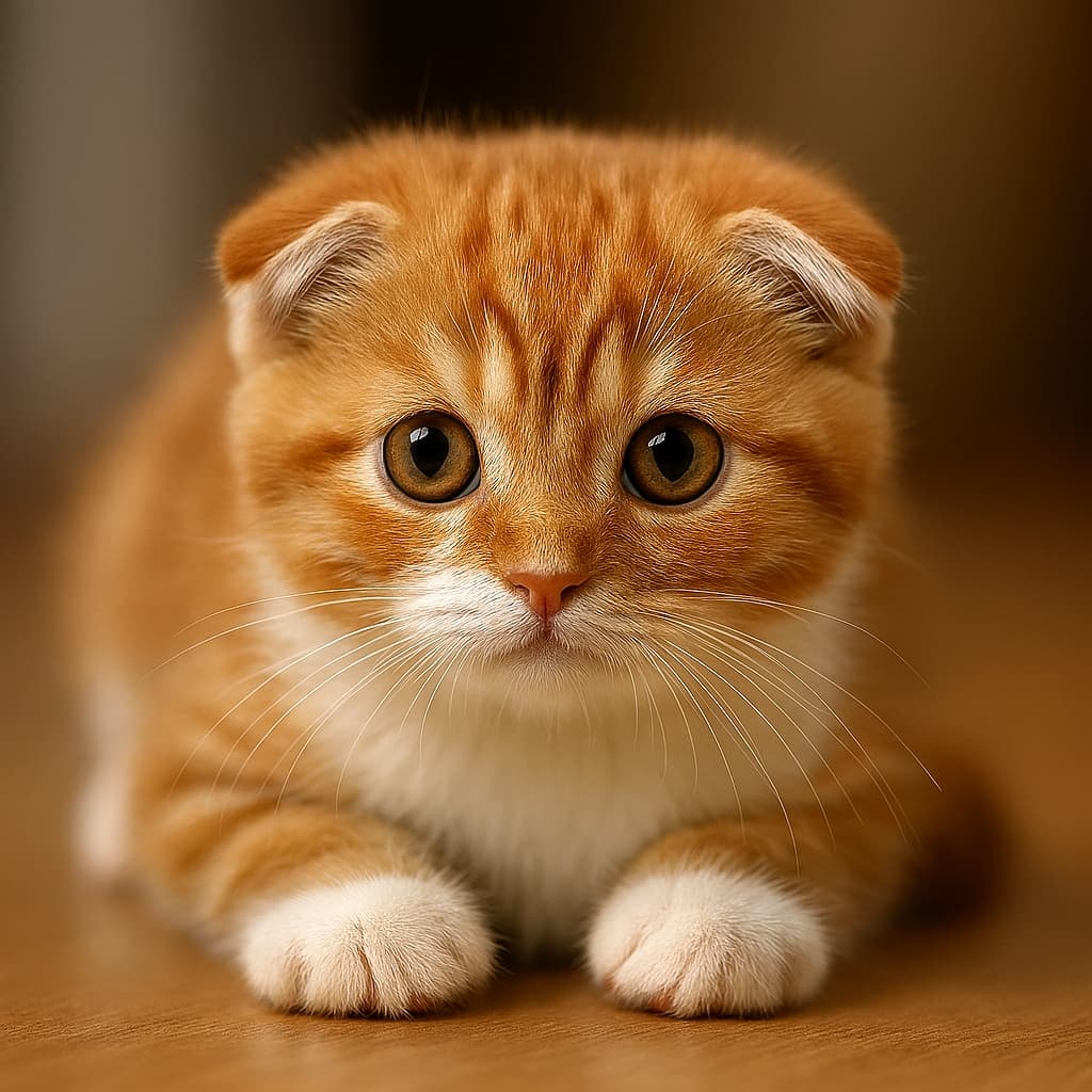 レッドタビー＆ホワイトのスコティッシュフォールド子猫（生後3ヶ月）が、低い姿勢で前傾し、前足を軽く前に伸ばして床に構えている。大きな瞳で前方を見つめ、好奇心と少しの警戒心を漂わせている