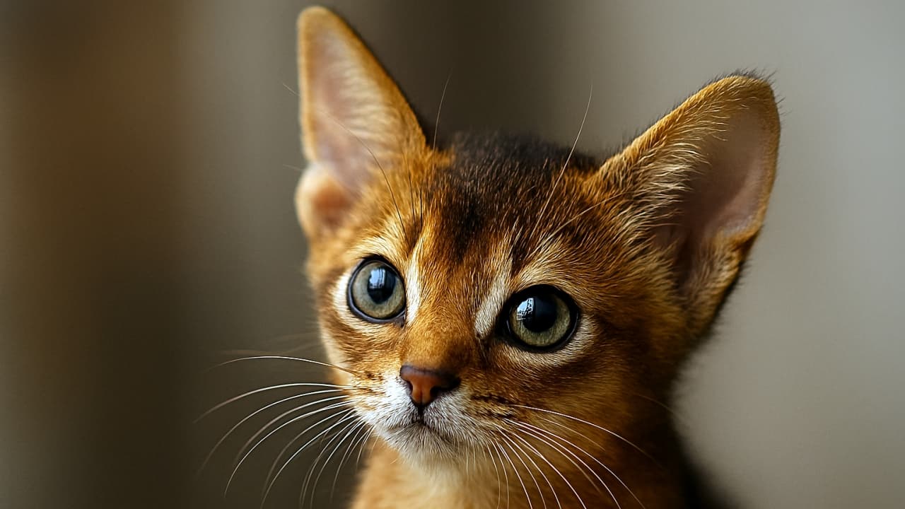 “A wider frame, yet her gaze still pulls you in—curiosity stretching beyond the edges.”　Horizontal close-up of Abyssinian kitten’s face with tilted head and reflective eyes, photorealistic portrait