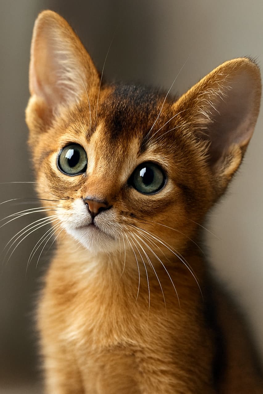 A single tilt of the head, and the world reflects in her eyes—curiosity captured in a heartbeat. Close-up of an Abyssinian kitten’s face with tilted head and reflective eyes, photorealistic portrait