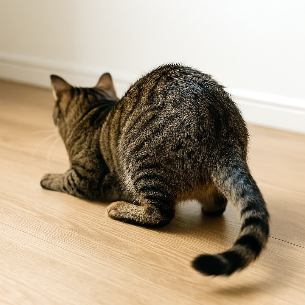 前傾姿勢で尻尾を左右に小刻みに振る茶トラ猫の後ろ姿。腰を低く構え、後ろ足で踏ん張る様子が見える