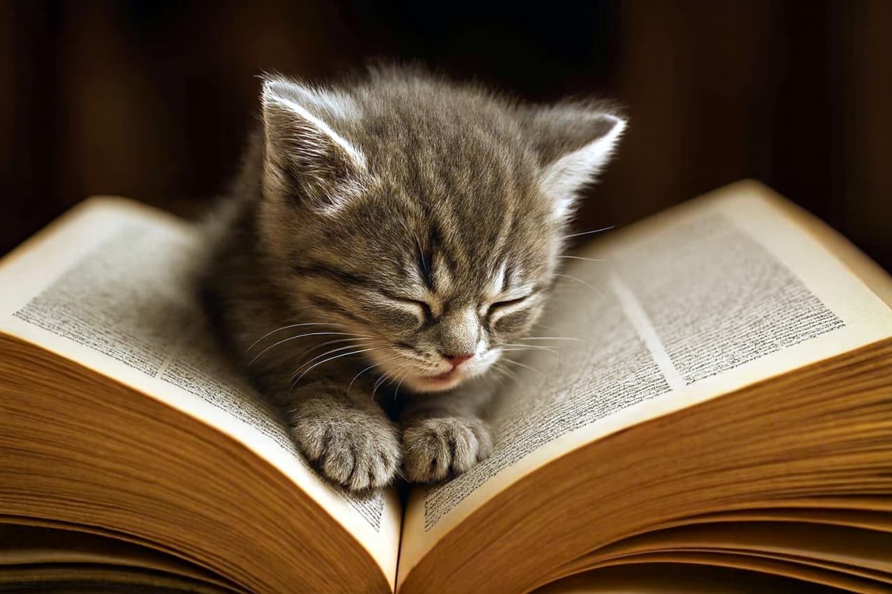 灰色のトラ柄子猫が、開いた古い辞書のページに顔をうずめている。目を閉じて文字を嗅ぐような仕草を見せ、前足でページを押さえながら、まるで言葉の世界に入り込もうとしているような姿。背景は柔らかくぼかされ、温かみのある室内の光が子猫と本を優しく照らしている