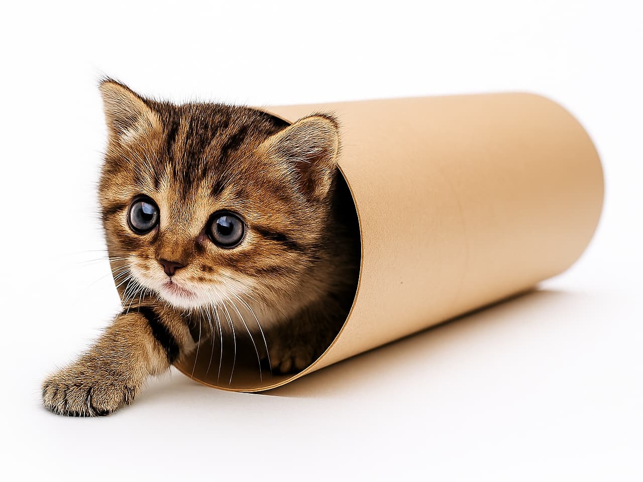 紙管から抜けそうな瞬間の子猫。白背景でミニマルかつユーモラスな構図　The tunnel's end is in sight, a tiny body slides forward.
