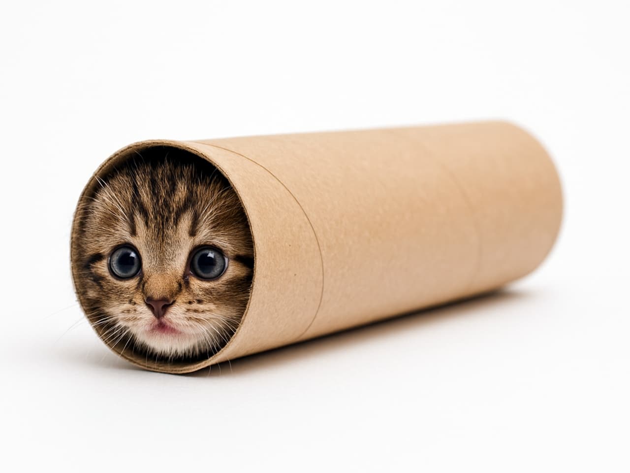 A tiny adventurer, stuck in an unexpected tunnel. A surprised kitten peeking out from inside a cardboard paper towel roll, minimalist and funny, against a clean white background.