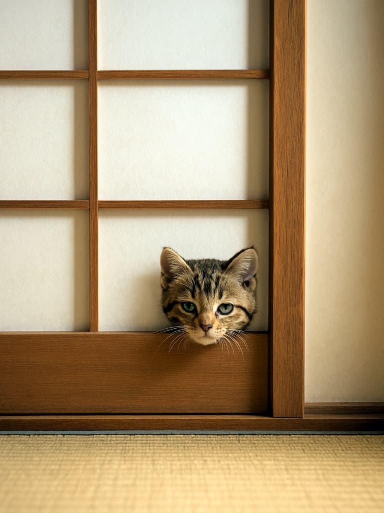 畳の和室。障子の下部の小さな穴から子猫の頭が覗き、好奇心に満ちた表情を見せている。伝統的な空間にユーモラスな瞬間が加わっている