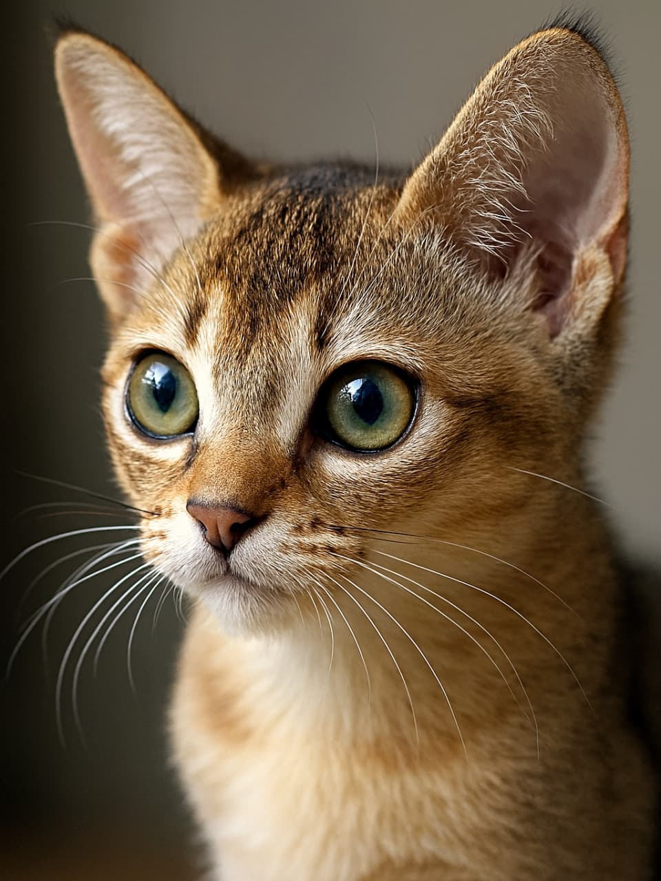 Photorealistic close-up of a Singapura kitten’s face at 45-degree angle, eyes reflecting light, golden-brown fur, high-resolution　A tiny face turned just so, light dances in emerald eyes, a whisper of curiosity caught in fur and shadow.