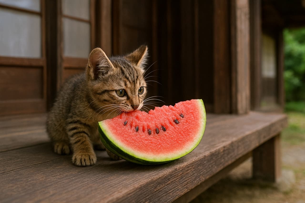 縁側でスイカにかぶりつく子猫。夏の午後、木の温もりと果汁の甘さに夢中