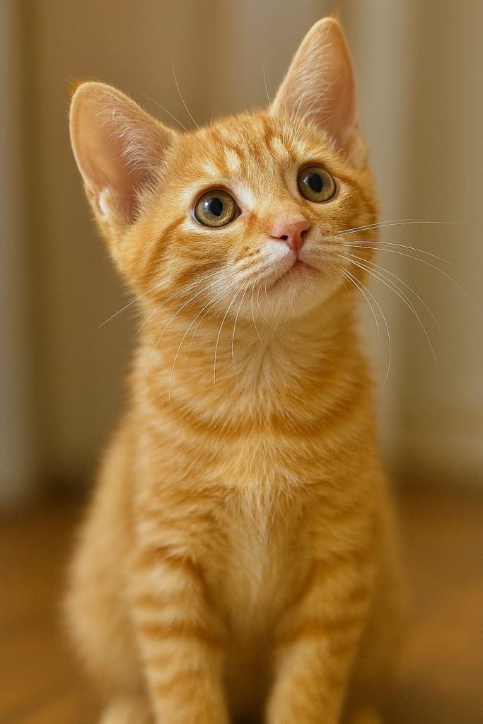 「見上げるその瞳に未来が映る、茶トラ子猫のときめきショット！」Photorealistic side profile of an orange tabby kitten indoors, head tilted upward with wide curious eyes, one ear in crisp focus, warm lighting, blurred background. 室内で横顔を見せるリアルな茶トラ子猫。頭を高く傾けて好奇心いっぱいの目を輝かせ、片耳が鮮明に映り、柔らかな室内光とぼかし背景が雰囲気を引き立てる。