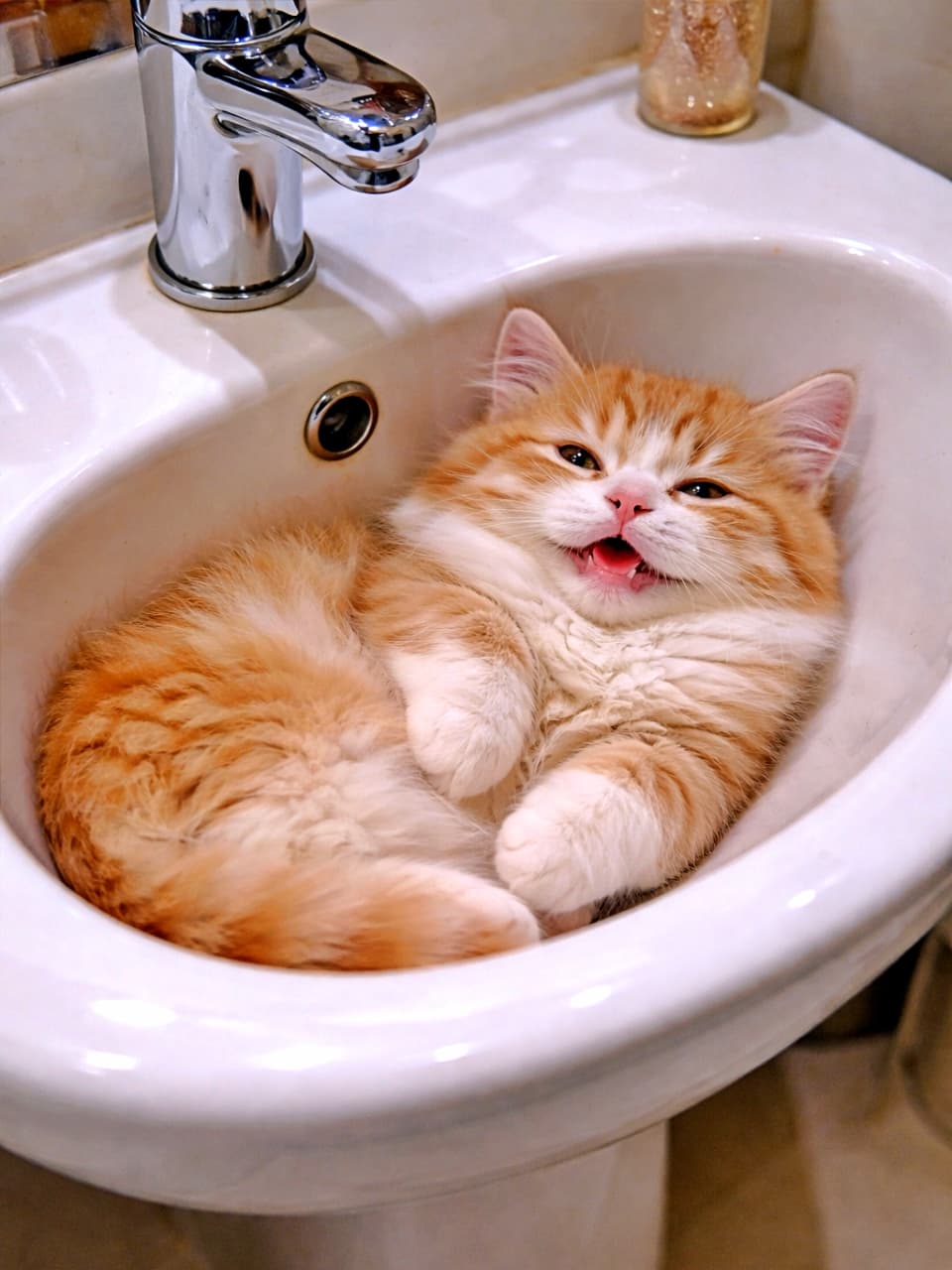 「シンクがベッド!?とろける表情でくつろぐ、今日一番のぬくもふ空間🐾」A fluffy orange-and-white kitten curled up inside a bathroom sink, looking relaxed with its mouth slightly open. 洗面台のシンクの中で丸くなり、口を少し開けてくつろぐ茶白のふわふわな子猫