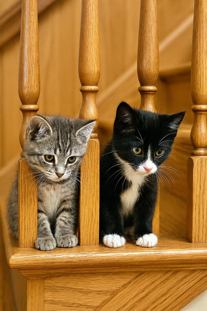 Two kittens — a grey tabby and a black-and-white — peek through separate gaps in a wooden staircase banister. Each kitten’s head and paws are framed between two balusters as they gaze downward curiously. The warm wood tones contrast with their soft fur. グレーのトラ猫と黒白の子猫が、木製階段の手すりの隙間からそれぞれ顔と前足を覗かせている。2本の縦柱に自然に囲まれながら、階段下を好奇心いっぱいに見つめる姿が描かれている。温かみのある木の色合いが、柔らかな毛並みと対比している