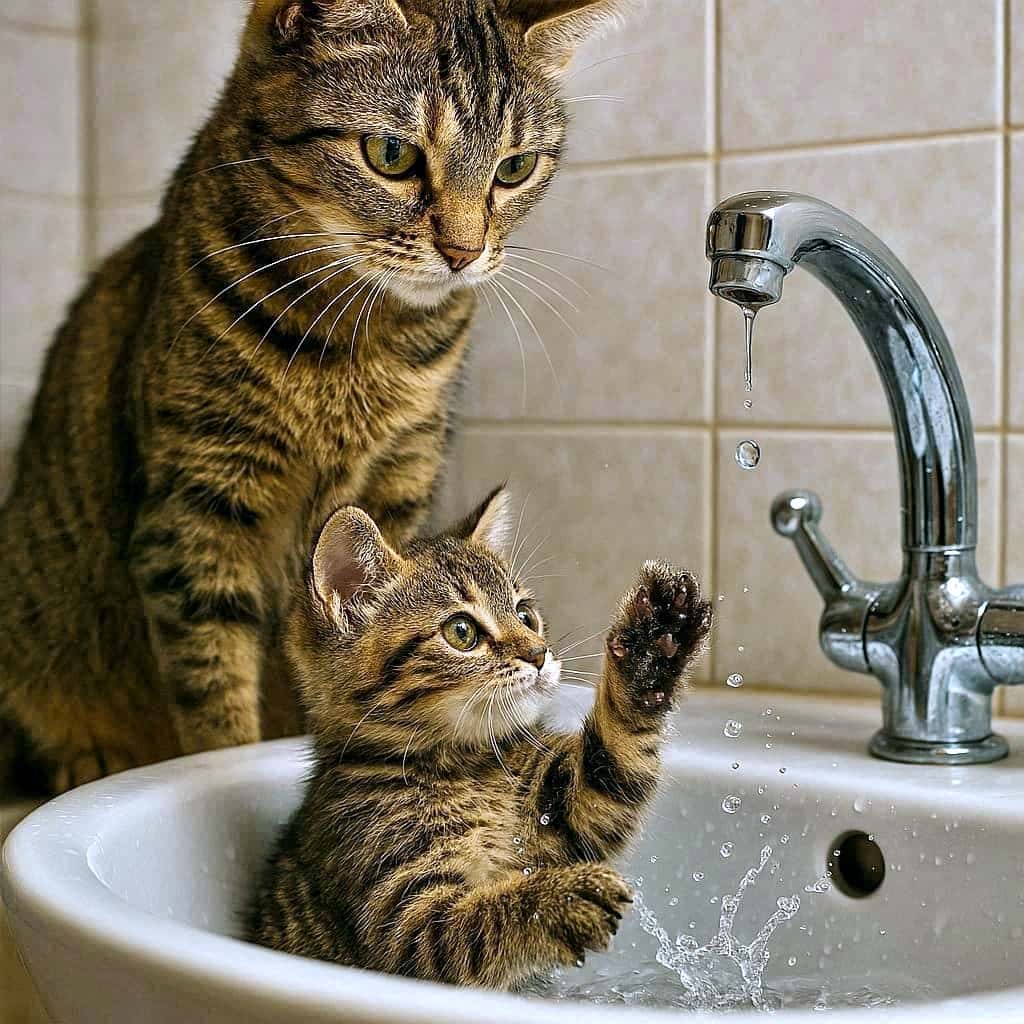 「これが物理の授業！？母の視線に導かれ、水と遊ぶキジトラ親子の知的探求！」A photorealistic image in a bathroom showing a mother tabby cat perched on the edge of a white ceramic sink, intently watching a dripping chrome faucet. Below her, a kitten sits inside the sink, reaching up with its tiny paw to catch the falling water droplets. The scene is captured in high-speed style with detailed water splashes and soft lighting. 洗面所で、白い陶器製の洗面台の縁に乗ったキジトラ母猫が、水滴を落とす銀色の蛇口を真剣に見つめている。その下では、子猫が洗面台の中に座り、小さな前足で水滴を掴もうとしている。水しぶきの細部まで写されたハイスピード風の写実的なシーン