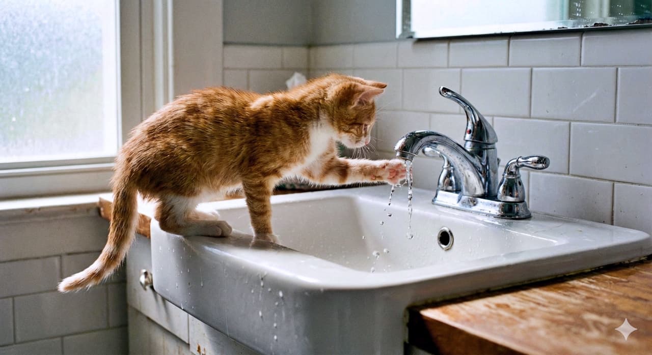 ginger-and-white domestic shorthair kitten standing on the rim of a white ceramic sink, paw reaching to touch a thin stream from a chrome faucet; white tiled walls, wooden countertop, and a window providing natural light; realistic photo capturing curious feline behavior 白い陶器の洗面台の縁に立つ茶白の短毛種の子猫が、クロム製蛇口から落ちる細い水に前足を伸ばして触れようとしている様子。白いタイル壁と木製カウンター、窓からの自然光。好奇心旺盛な猫の行動をリアルに捉えた写真