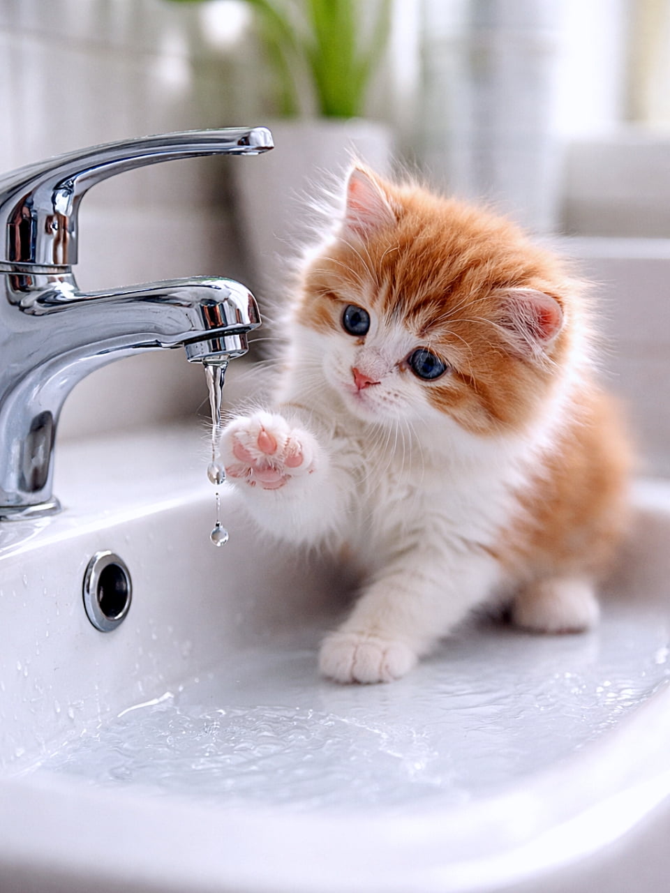 「水滴に夢中！ふわふわ子猫のいたずらタイム♡」A fluffy orange and white kitten playing with water in a white bathroom sink, reaching its paw toward a dripping faucet, photorealistic.  白い洗面台で水遊びをするふわふわのオレンジ白の子猫、蛇口の水滴に前足を伸ばしている、写実的