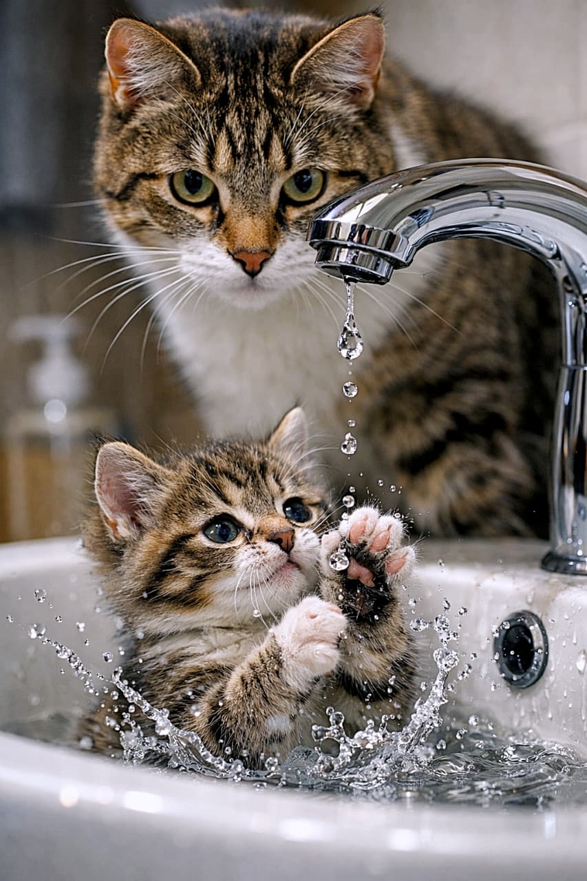 「母のまなざしは理科の先生。水滴は止まり、学びは弾ける。今日もシンクで物理の授業中」A mother cat watches a dripping faucet while her kitten sits in the sink, splashing water and trying to catch falling droplets in a bathroom. 浴室で蛇口の水滴を見つめる母猫と、シンクの中で水滴をつかもうとする子猫