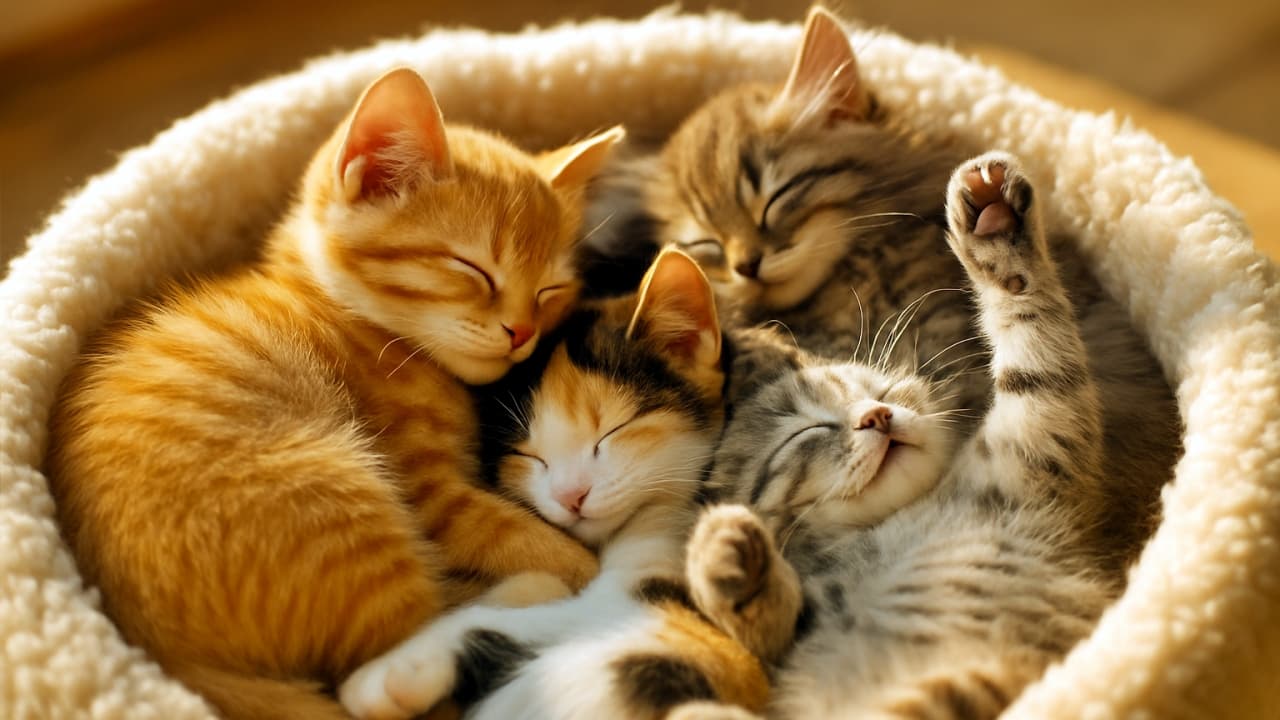 Four kittens snuggled together in a round cream pet bed, peacefully sleeping with intertwined bodies. Their fur patterns—orange tabby, gray tabby, calico, and striped—create a warm, harmonious scene bathed in soft golden light.