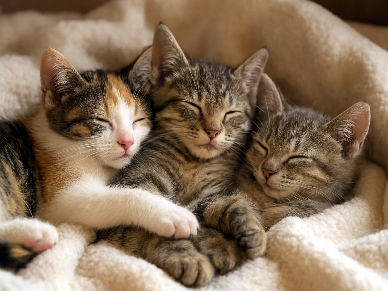 Three kittens—a calico, a grey tabby, and a light grey tabby—are curled up together on a plush cream-colored blanket, fast asleep. Their bodies are gently intertwined, and their peaceful expressions convey warmth, safety, and a close bond.
