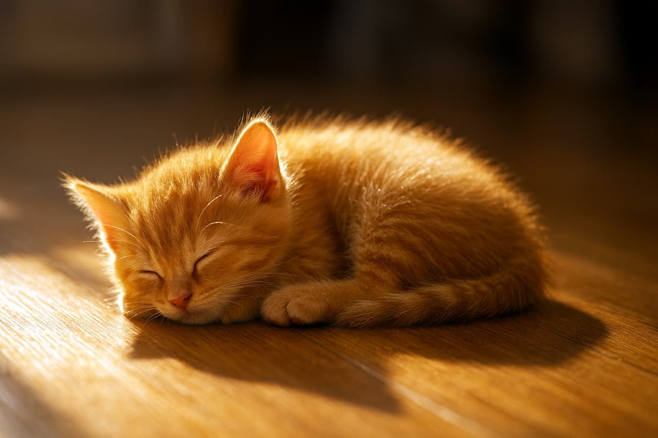 A fluffy orange tabby kitten is curled up asleep in a sunny patch on a wooden floor. Warm sunlight gently highlights its fur, and the softly blurred background adds to the peaceful, cozy atmosphere.
