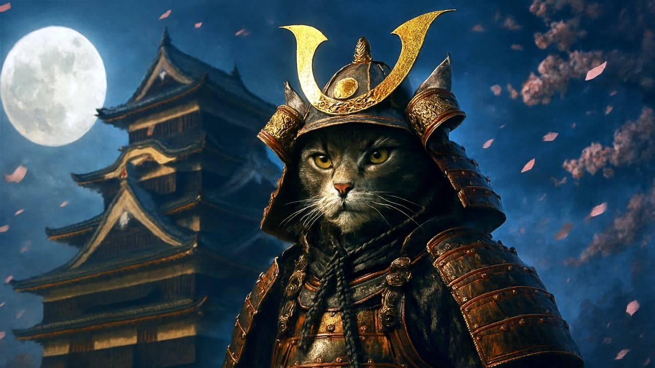 An AI-generated masterpiece image of a Samurai cat in full armor, standing in front of a moonlit Japanese castle.