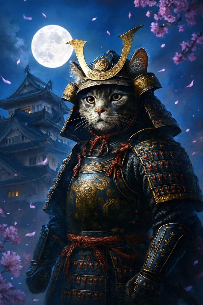 An AI-generated masterpiece image of a Samurai cat in full armor, standing in front of a moonlit Japanese castle.