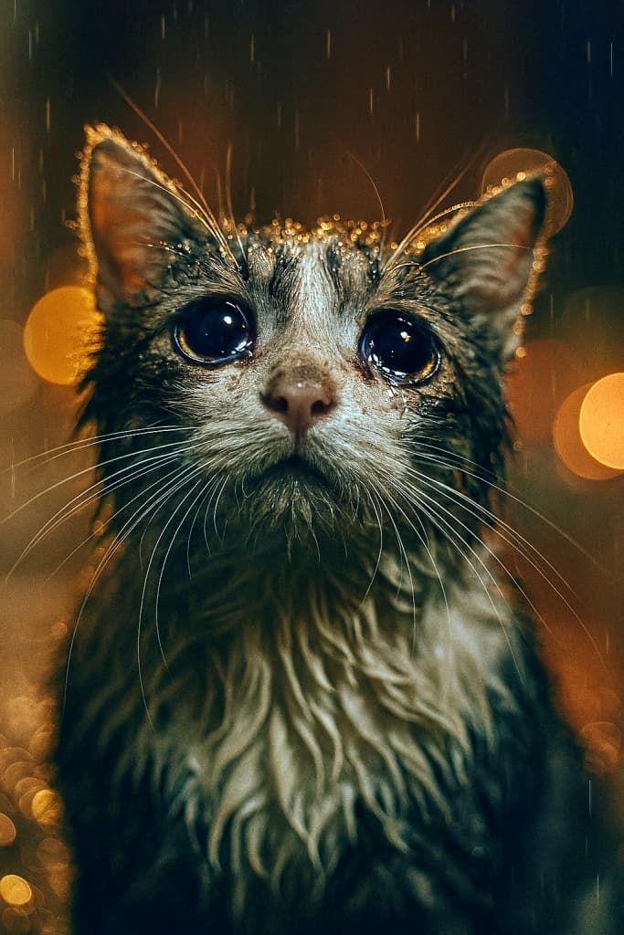 An AI-generated cinematic image of a very sad cat with large, teary eyes, standing in the rain at night.
