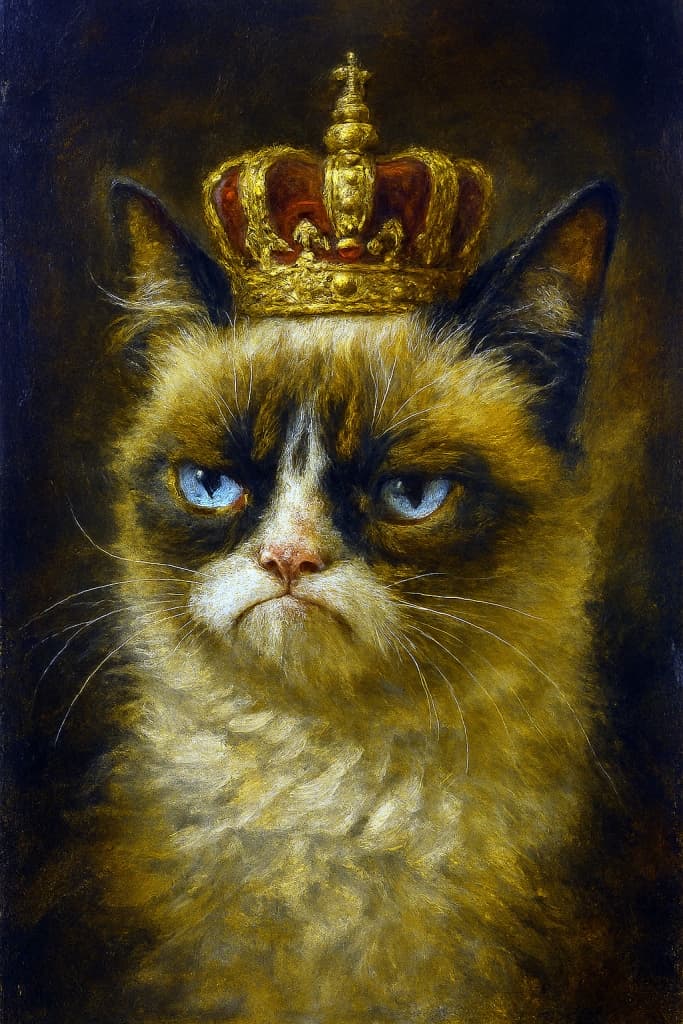 An AI-generated oil painting of Grumpy Cat wearing a small royal crown, looking displeased.