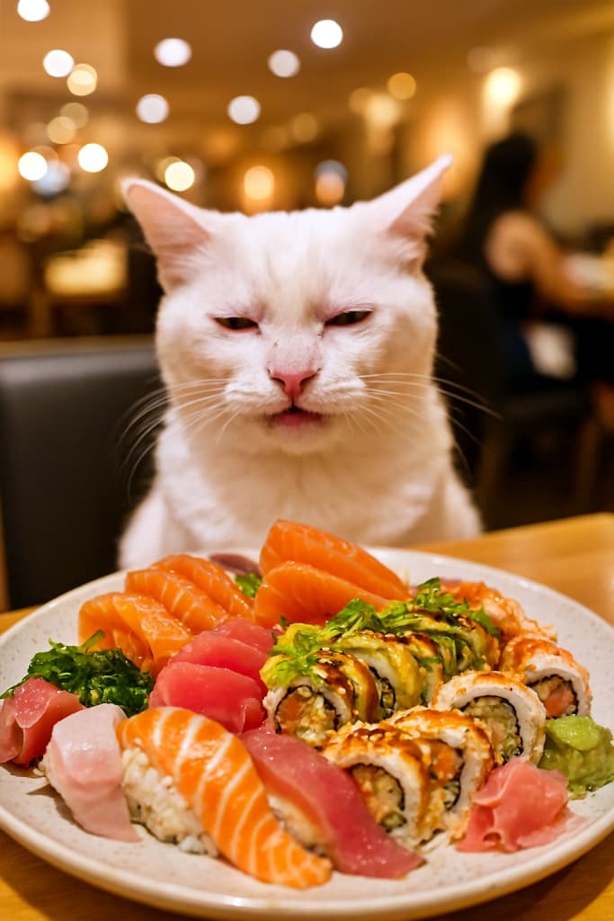 An AI-generated photorealistic image of a confused white cat staring at a large sushi platter on a table.